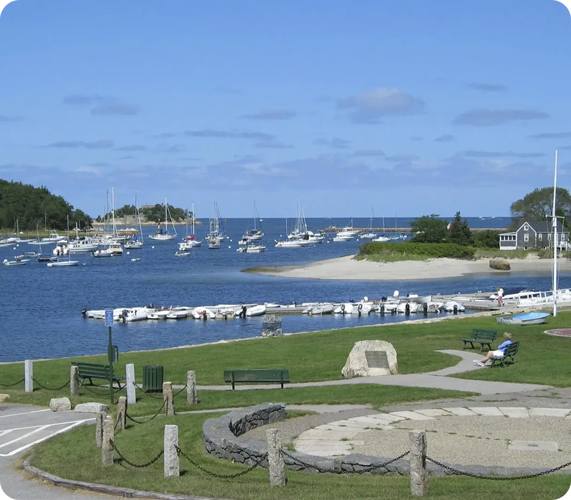 Peaceful coastal landscape with boats