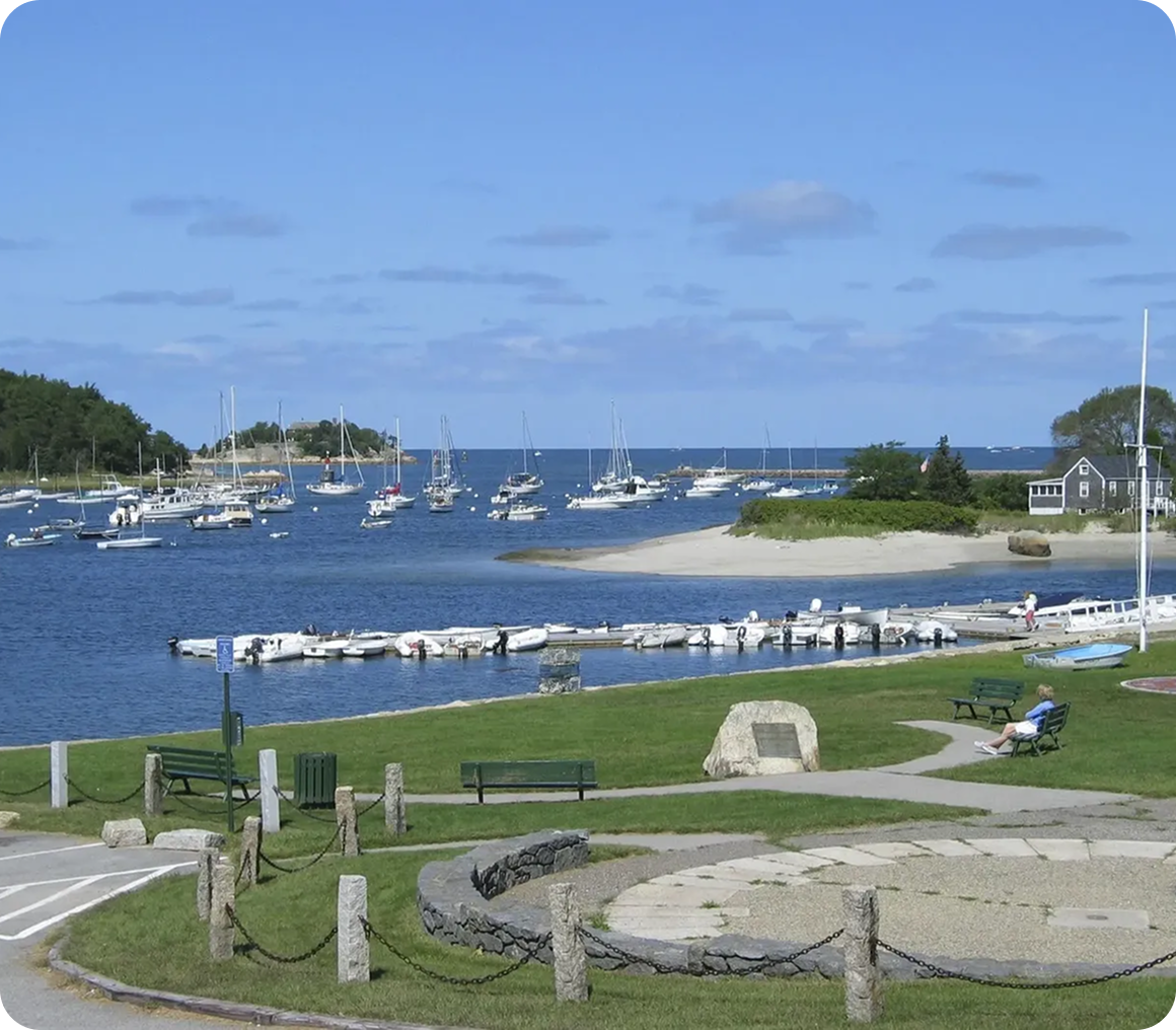 Peaceful coastal landscape with boats